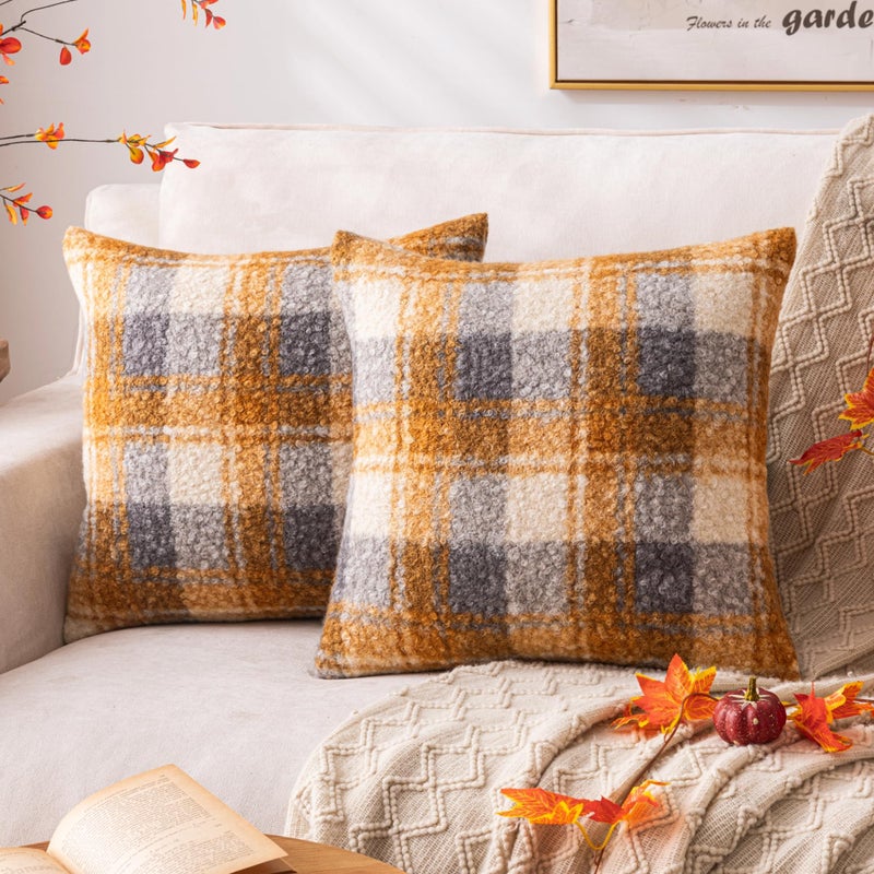 AQOTHES Yellow Plaid Fall Throw Pillow Covers 18x18 Inch Set of 2, Boucle Decorative Pillow Covers,Cozy Fluffy Home Living Room Farmhouse Decor for Sofa Couch Bed - Image 1