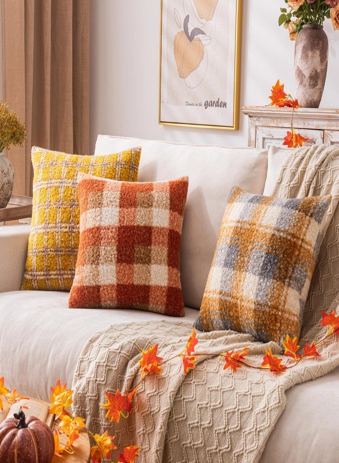 AQOTHES Yellow Plaid Fall Throw Pillow Covers 18x18 Inch Set of 2, Boucle Decorative Pillow Covers,Cozy Fluffy Home Living Room Farmhouse Decor for Sofa Couch Bed - Image 4