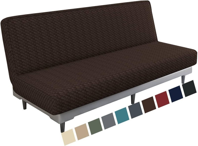 MAXIJIN Jacquard Futon Cover Stretch Armless Futon Sofa Cover Soft Futon Slipcover with Elastic Bottom Thick Sofa Bed Furniture Protector Covers, Machine Washable (Dark Coffee) - Image 1