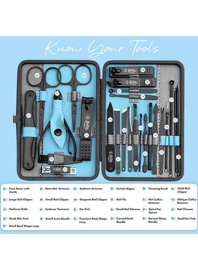 Beaute Secrets Manicure Set Nail Clippers Sets Stainless Steel Nail Cutter 25 Pieces Pedicure Kit Nail File Sharp Nail Scissors And Clipper Fingernails & Toenails With Portable Case Blue - Image 2