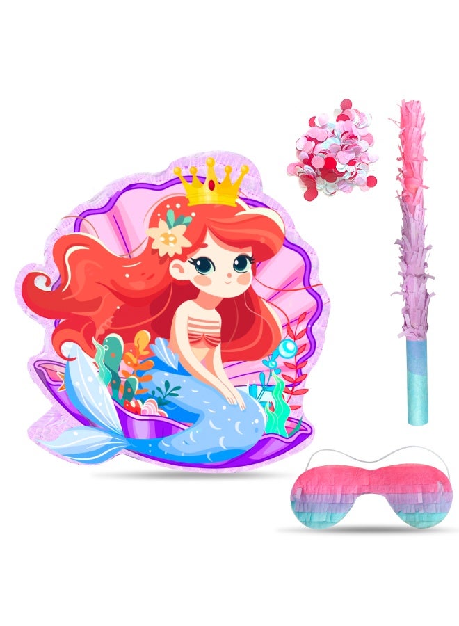FRUITFUL PARTY Mermaid Pinata, Mermaid Themed Party Pinata Bundle - Large Seashell Pinata, Underwater Party Game Decorations Blindfold & Trident Birthday Party Stick etc Mermaid Pinata Birthday Party Supplies - Image 1