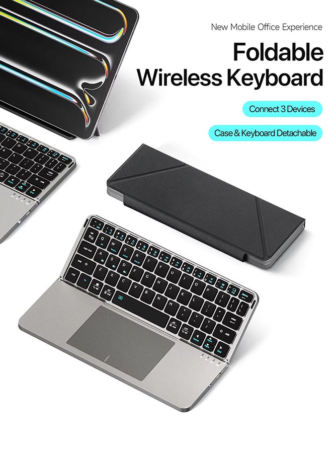 REMAX 【English and Arabic】 Foldable Bluetooth 5.0 Tablet Touch Keyboard, Portable Keyboard Magnetic Protective Case, Detachable Keyboard, Suitable for Mobile Phones, Tablets, PCs, iOS, Android, Windows and Mac Systems - Image 1