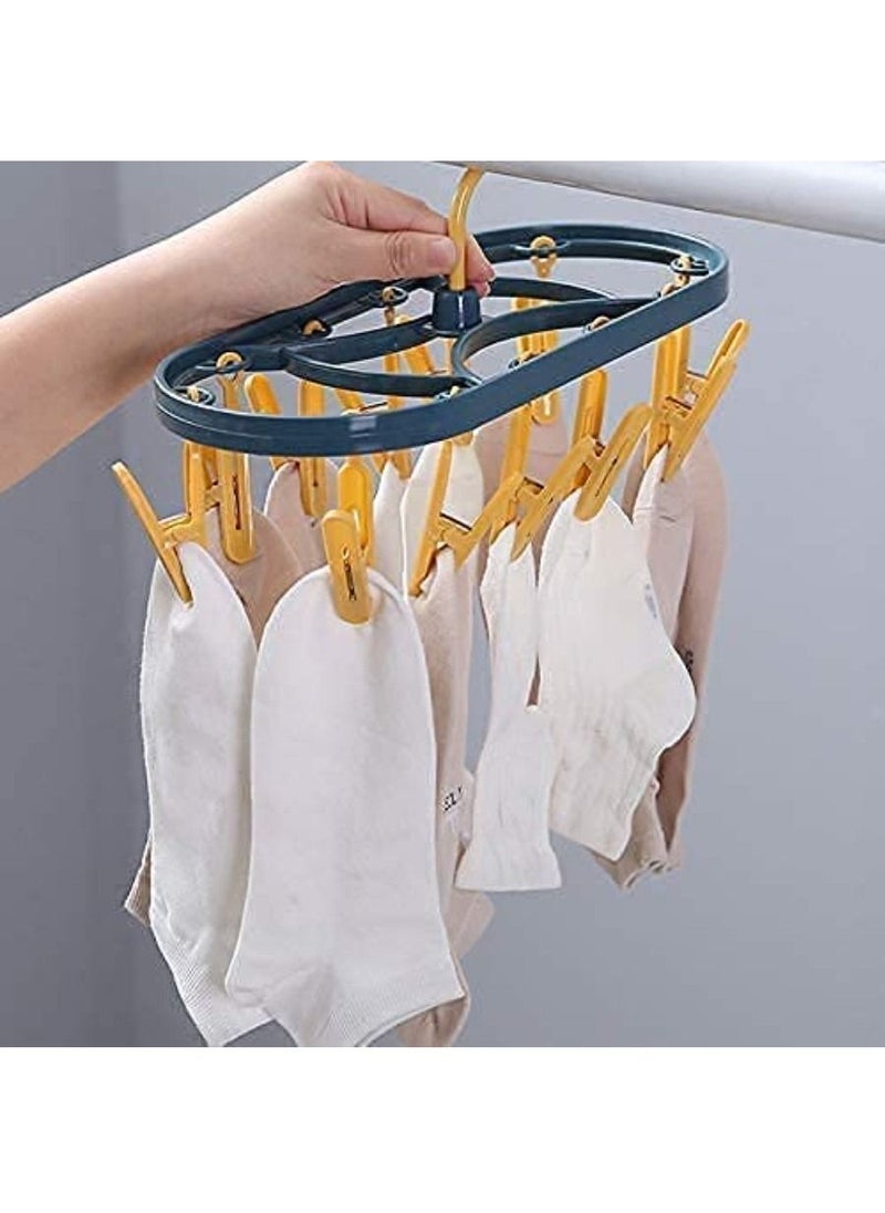 Clothes Drying Hanger Foldable Drying Rack With 12 Clips Plastic Space Saving Closet Organizer Hanger Rack for Towels Socks Bras Underwear