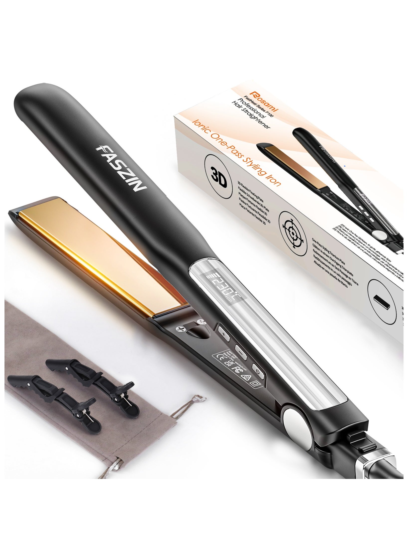 Hair Straightener, Fast Heating Titanium Flat with Negative Ion for Smooth Hair, 2-In-1 3D Floating Wide Plate Hair for All Hair Types, Dual Voltage & 11 Levels Adjustable 