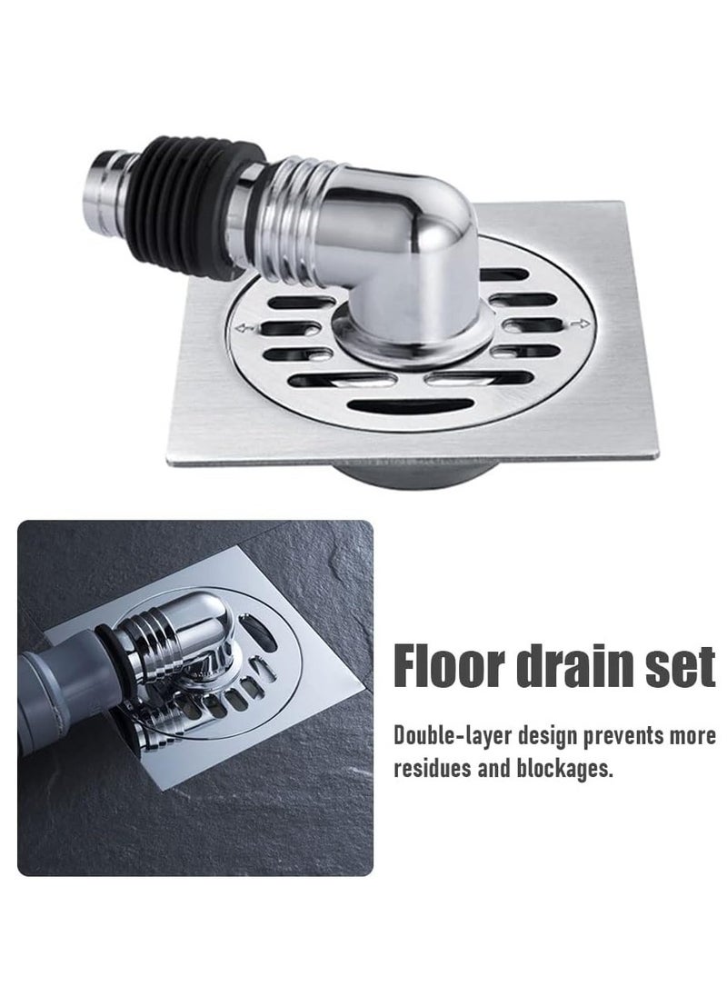 Washing Machine Floor Drain Cover,   Bathroom Square Sink Drain Strainers, Easy Clean,  Home with Pipe Connector (Silver)