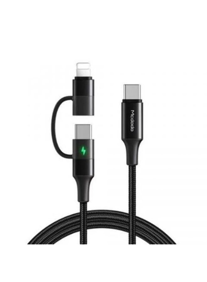 مكدودو كابل شحن سريع CA-712 2 في 1، من النوع C إلى Type-C و Lightning، PD 3.0، حتى 60 وات مع مؤشر LED، تصميم متين من سبائك الزنك وسلك مضفر من النايلون، يدعم الشحن ونقل البيانات بكفاءة، تيار 3 أمبير وحماية من الانحناء والحرارة لضمان أداء آمن ومستقر. - Image 1