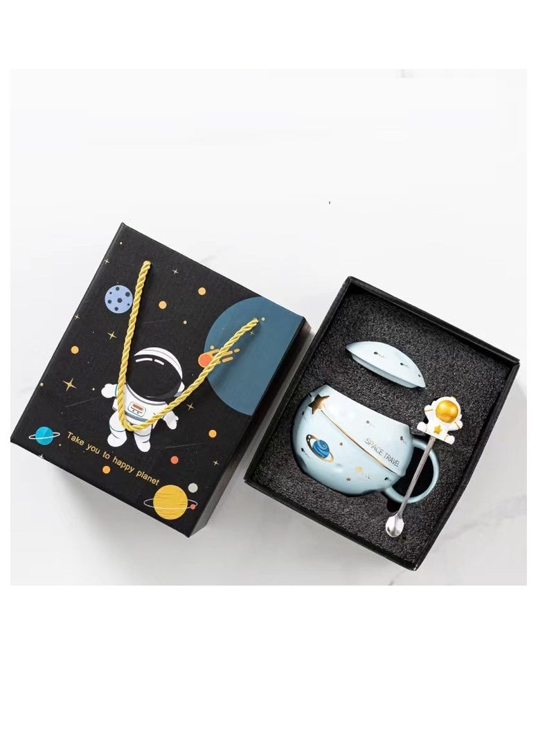 Bluejw Astronaut Cup Space Embossed Planet Mug 13.52oz Ceramic Coffee Mugs with Lid And Spoon Gift Box Cute Ceramic Coffee Mug Unique Gift Birthday For Girl Boy Women Men (Light Blue) - Image 1