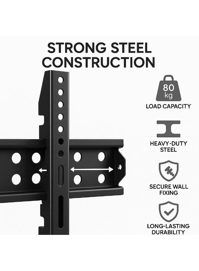 فونتيك حامل تلفزيون ثابت للتثبيت على الحائط بتصميم مسطح قابل للتعديل لشاشات LED من 42 إلى 65 بوصة مصنوع من المعدن يتحمل حتى 80 كجم باللون الأسود بعرض 700 مم - Image 4