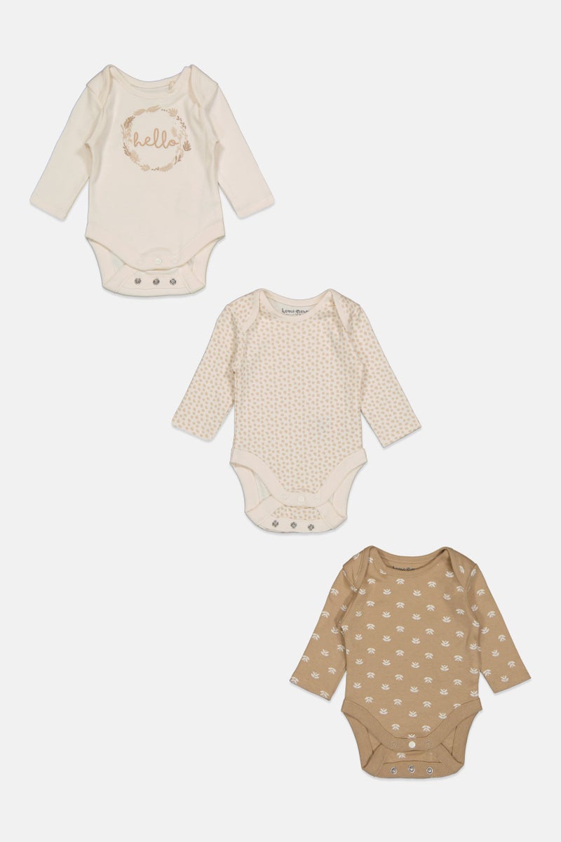 Home Grown Baby Toddlers Boy 3 Piece Long Sleeve Graphic Print Rompers, Beige Combo  - Image 3