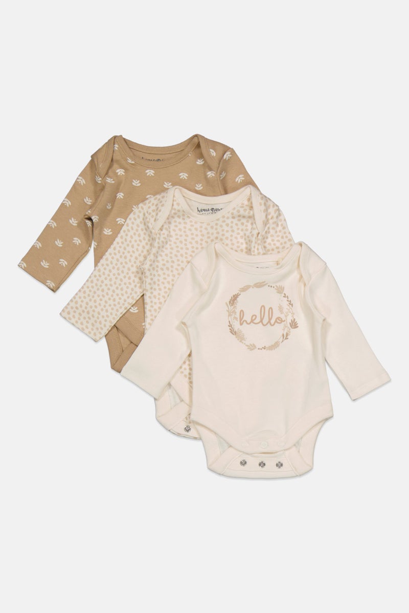 Home Grown Baby Toddlers Boy 3 Piece Long Sleeve Graphic Print Rompers, Beige Combo  - Image 1