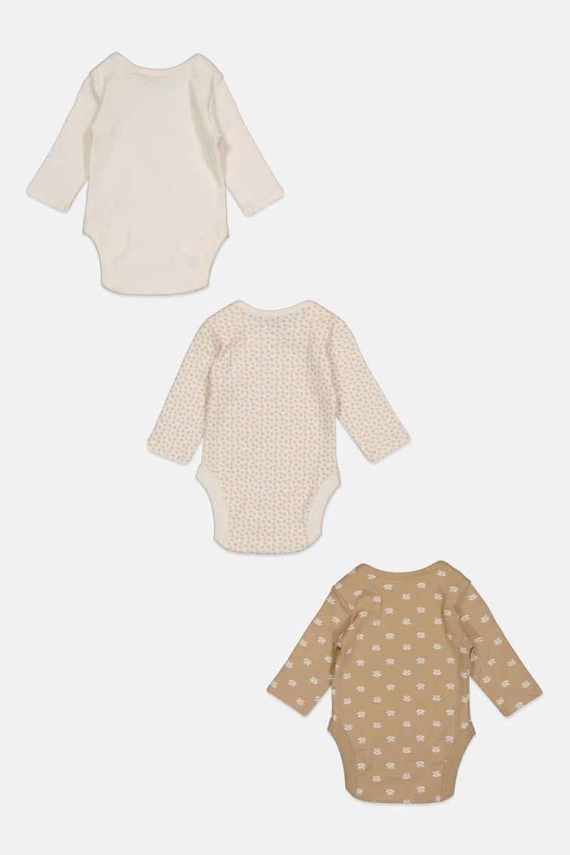 Home Grown Baby Toddlers Boy 3 Piece Long Sleeve Graphic Print Rompers, Beige Combo  - Image 2