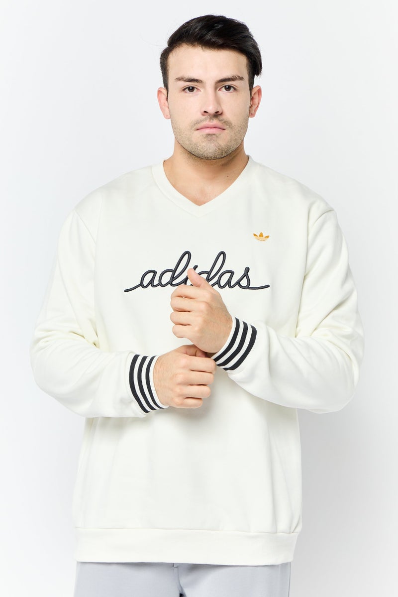 adidas Originals Men V-Neck Embroidered Logo Long Sleeve Sweatshirts, Off White  - Image 1