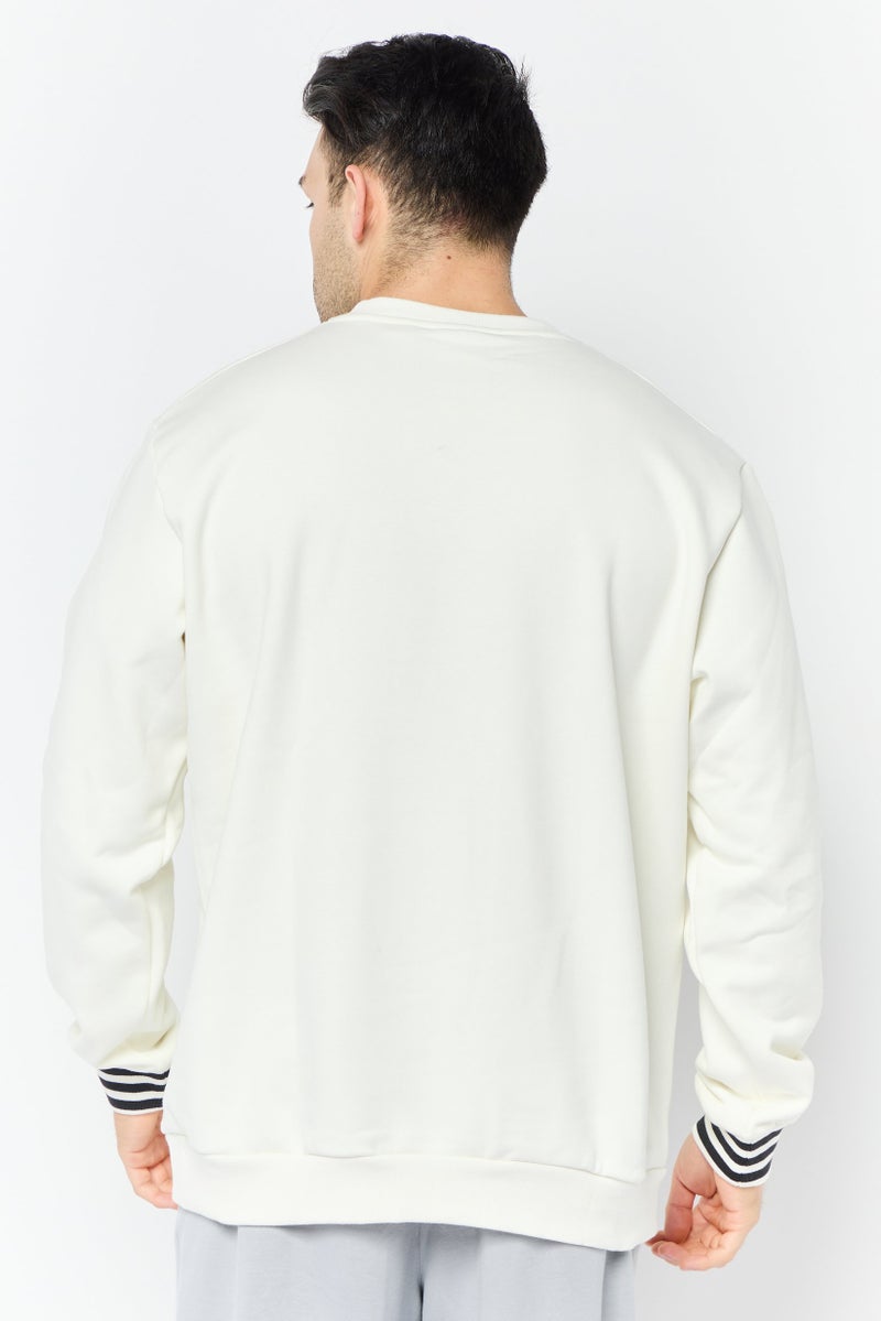 adidas Originals Men V-Neck Embroidered Logo Long Sleeve Sweatshirts, Off White  - Image 2