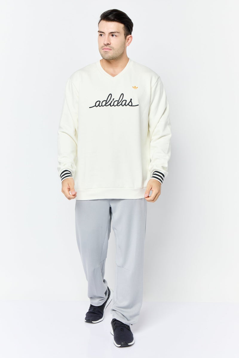 adidas Originals Men V-Neck Embroidered Logo Long Sleeve Sweatshirts, Off White  - Image 4