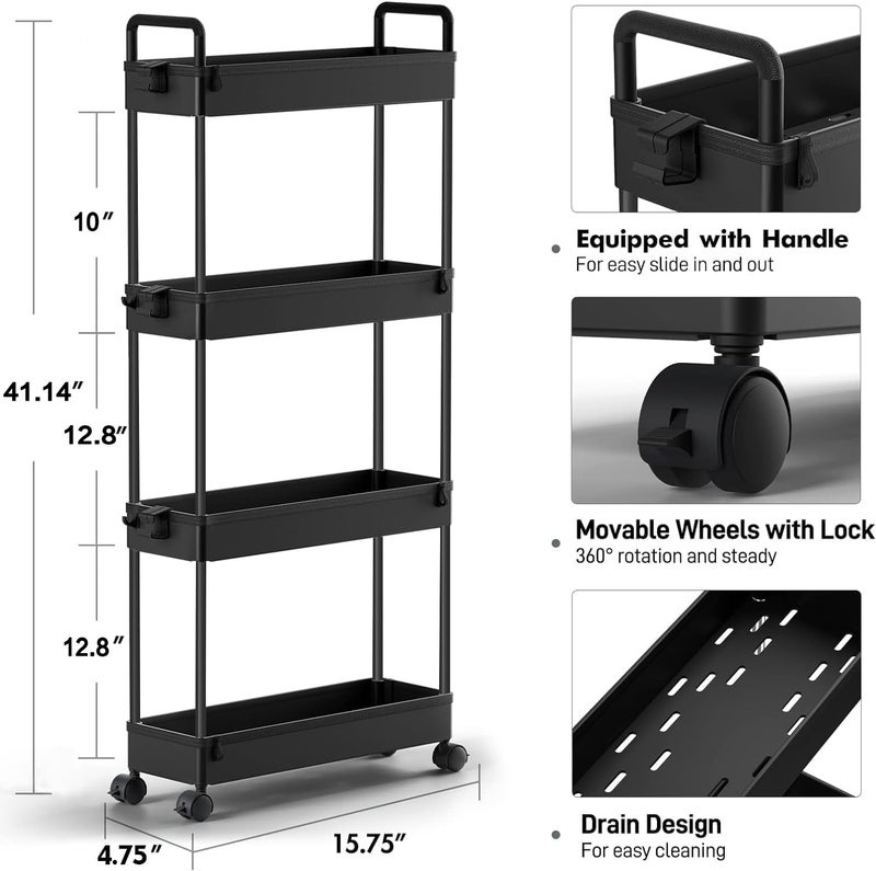 SOLEJAZZ Slim Storage Cart, 4 Tier Bathroom Organizer Mobile Shelving Unit, Rolling Utility Cart Slide Out Organizer for Kitchen, Bathroom, Laundry, Narrow Places, Black - Image 3
