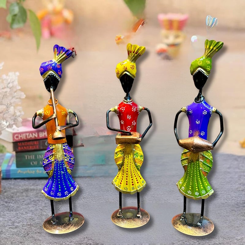pranjals house pranjals house 3 Rajasthani Tribal Man Figurine Playing Banjo, Dholak, Trumpet Musical Instrument Metal Iron Table Top Figurine Decorative Showpiece for Home, Living Room, Bedroom (Size 13x13 in) - Image 1