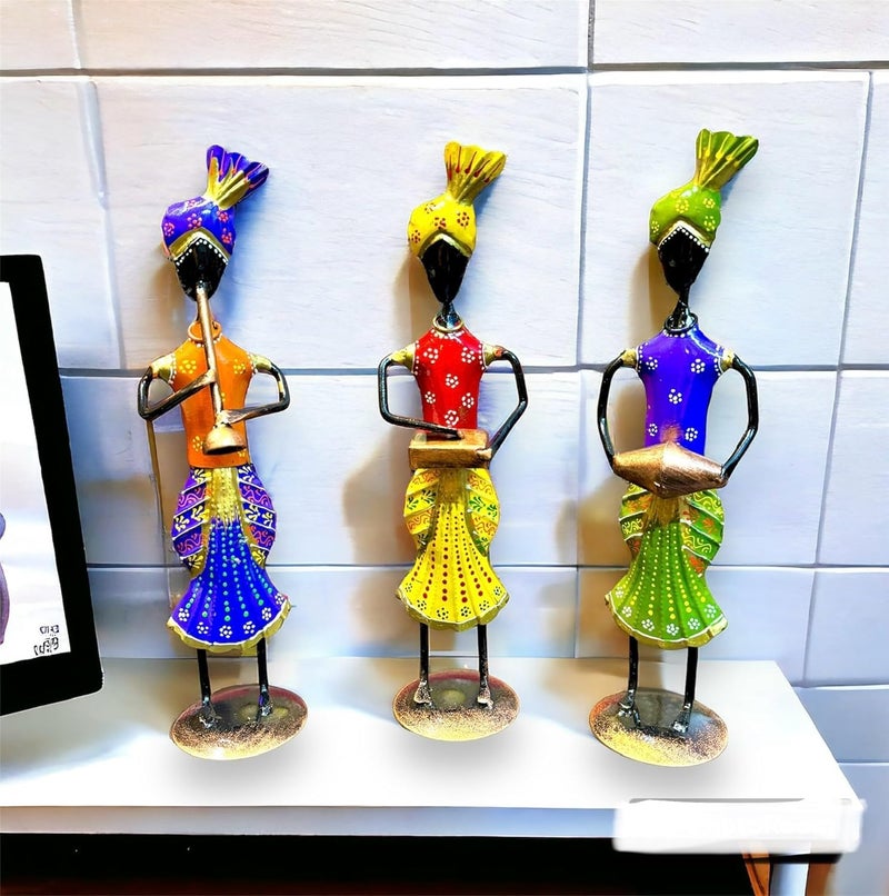 pranjals house pranjals house 3 Rajasthani Tribal Man Figurine Playing Banjo, Dholak, Trumpet Musical Instrument Metal Iron Table Top Figurine Decorative Showpiece for Home, Living Room, Bedroom (Size 13x13 in) - Image 3