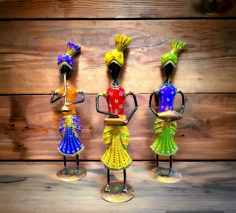 pranjals house pranjals house 3 Rajasthani Tribal Man Figurine Playing Banjo, Dholak, Trumpet Musical Instrument Metal Iron Table Top Figurine Decorative Showpiece for Home, Living Room, Bedroom (Size 13x13 in) - Image 4