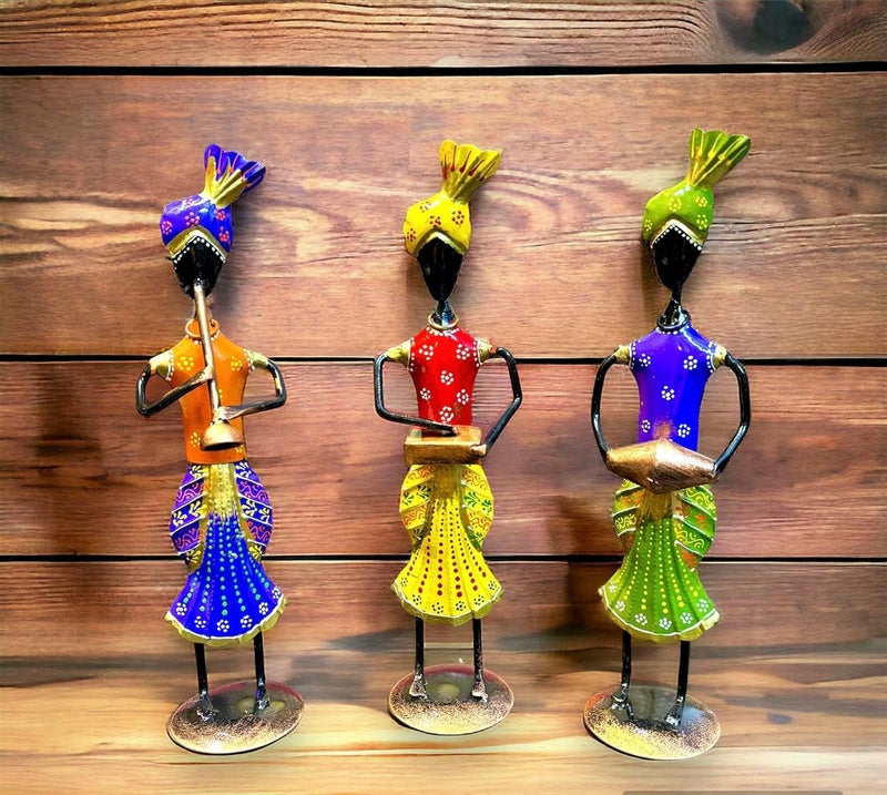 pranjals house pranjals house 3 Rajasthani Tribal Man Figurine Playing Banjo, Dholak, Trumpet Musical Instrument Metal Iron Table Top Figurine Decorative Showpiece for Home, Living Room, Bedroom (Size 13x13 in) - Image 2