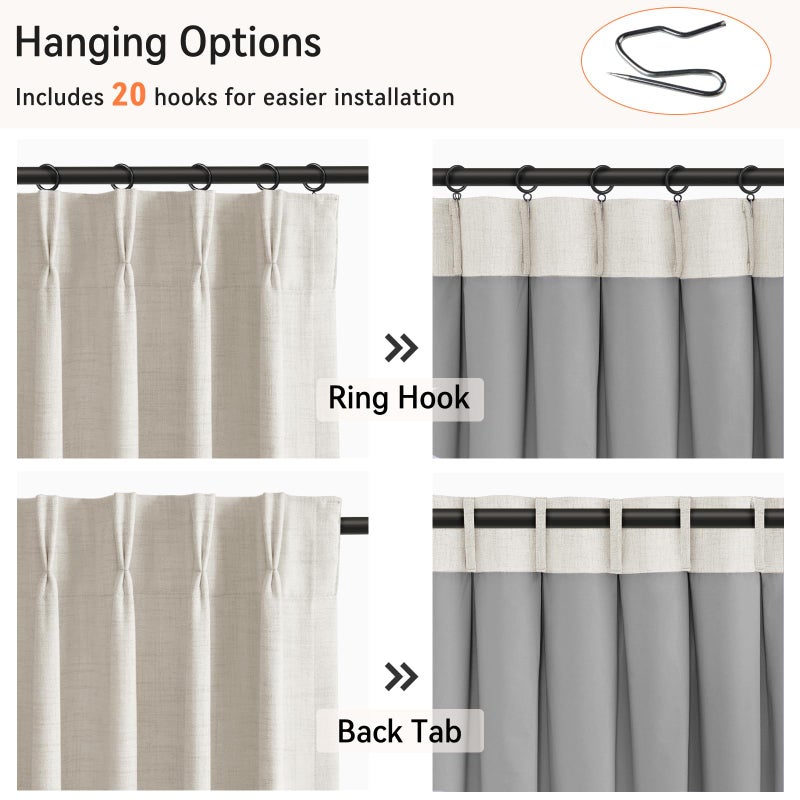 100% Blackout Shield Polyester Pinch Pleated Curtains Blackout, Pleated Drapes with Hooks 96 Inch Long 2 Panels Set, Polyester Blackout Curtains for Bedroom & Living Room, 40" W x 96" L, Beige - Image 3