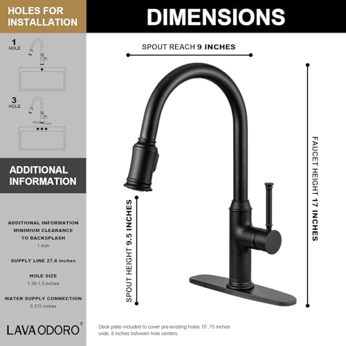 Lava Odoro Curtura Matte Black Kitchen Faucet with Pull-Down Sprayer, Single Handle Kitchen Sink Faucet Black Faucet for Kitchen Sink 1 Hole, Deck Plate Included, KF421-MB - Image 4