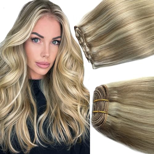 Sew In Real Human Hair Extensions 18 Inch 100G Balayage Ash Blonde Highlights Hand Tied Weft Sew In Weft Extensions