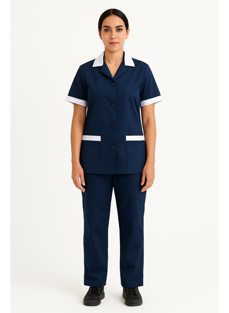 Rannah's Uniform Maid Uniform with Buttons Top and Pants Navy Blue Domestic Helper Uniform - Image 1