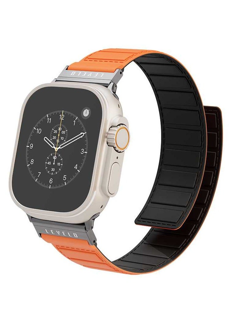 ليفيلو سوار مغناطيسي دوار من Vogue لساعة Apple Watch مقاس 45/44/42 / موصل رأس دوار لتغيير اللون / لون مزدوج / ملمس ناعم من السيليكون - أسود/برتقالي - Image 2