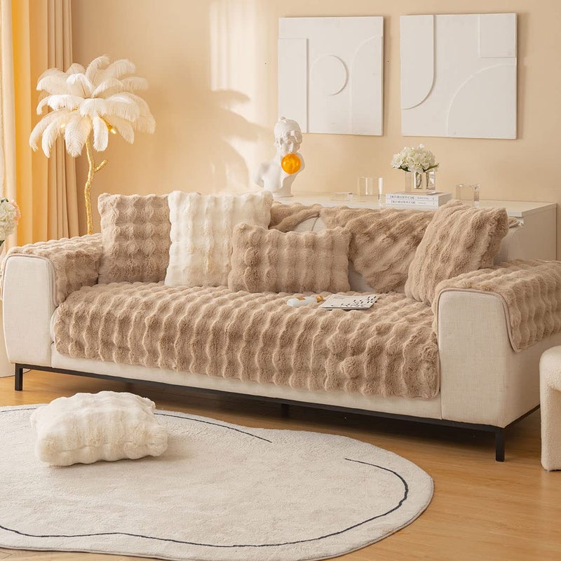 XSlive Soft Warm Faux Fur Couch Sofa Cover Thick Shaggy Fuzzy Sectional Couch Cover Non-Slip Solid Color Plush Sofa Slipcover Furniture Protector for Kids  Pets (Coffee 28""x28"") - Image 3