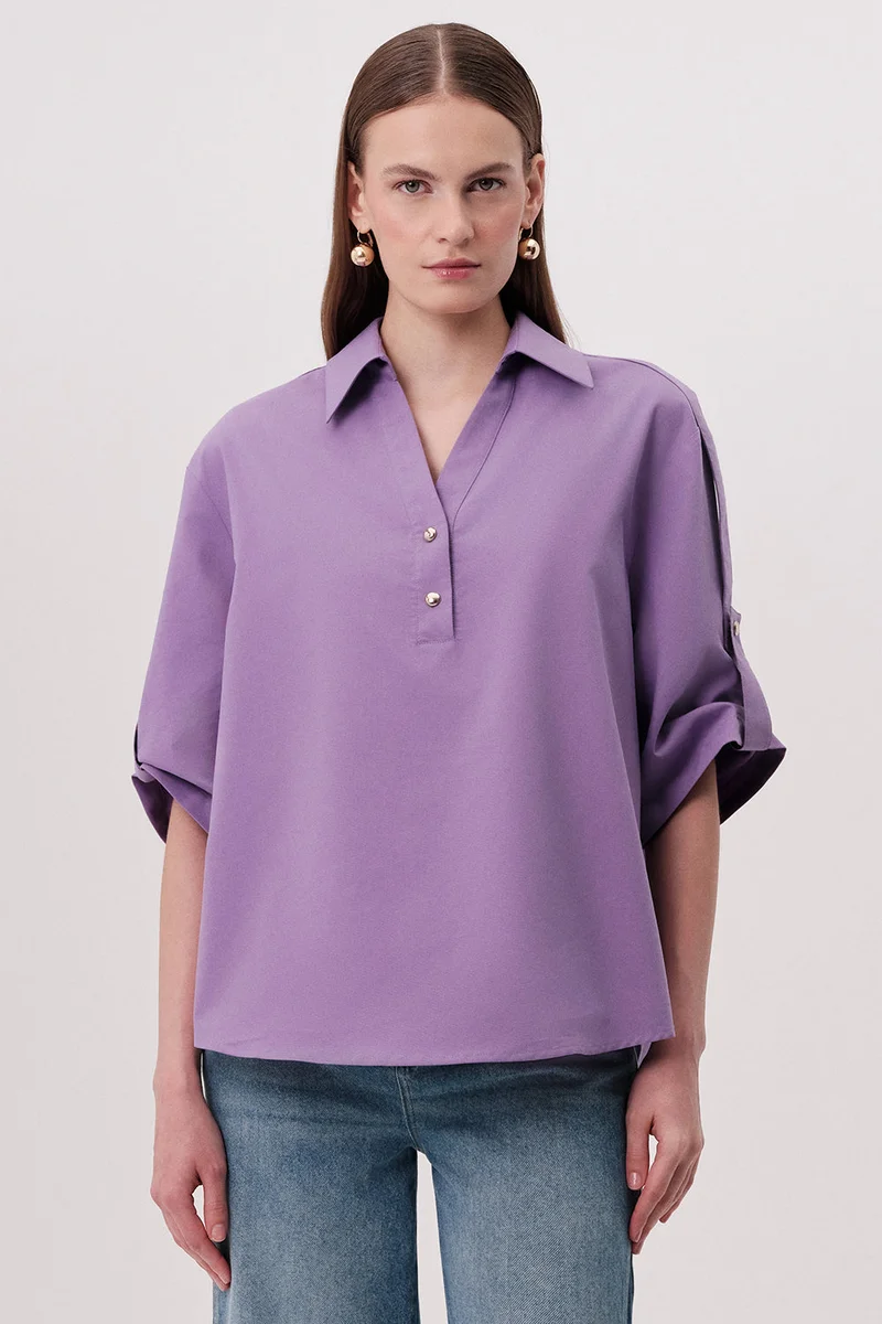 Exquise Shirt Collar, Epaulette, Short Sleeved, Buttoned, Regular Fit, Lilac Blouse