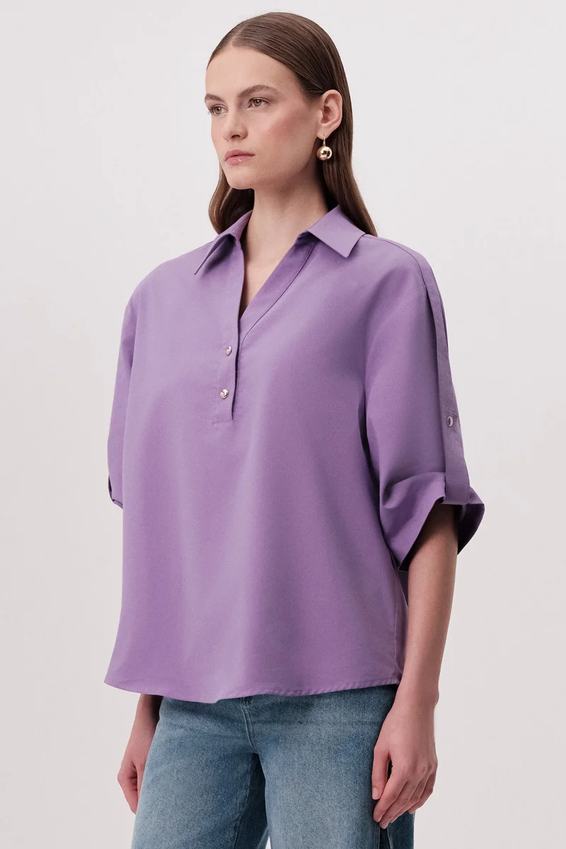 Exquise Shirt Collar, Epaulette, Short Sleeved, Buttoned, Regular Fit, Lilac Blouse