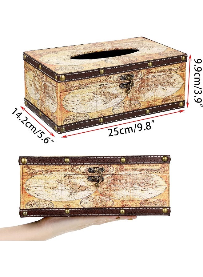Sumnacon Retro Rectangular Wooden Tissue Box Cover, Vintage Napkin Holder Pumping Paper Case Dispenser, Decorative Facial Tissue Box Holder for Home Office Restaurant Car Automotive, Yellow Map - Image 3
