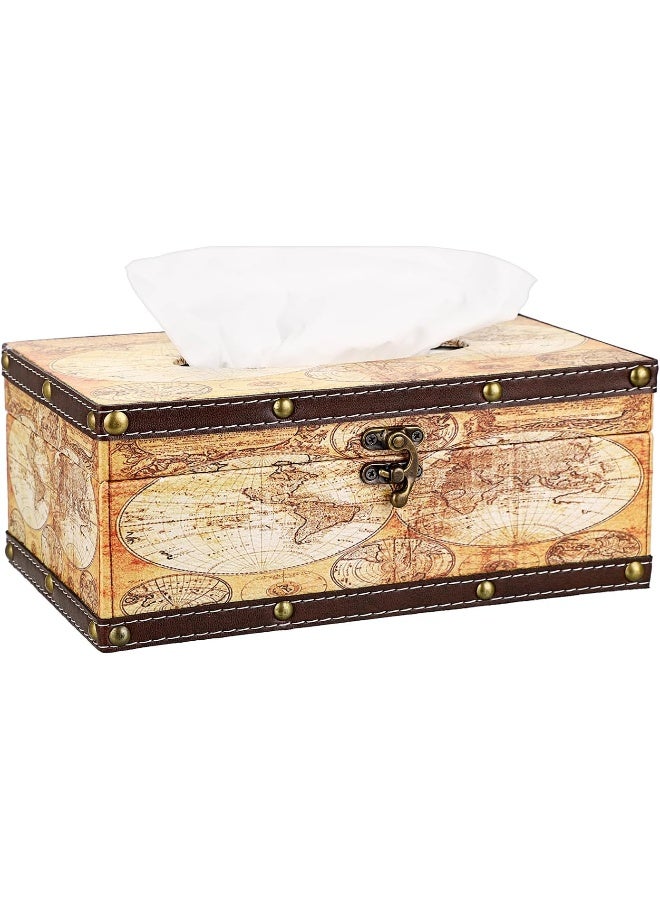 Sumnacon Retro Rectangular Wooden Tissue Box Cover, Vintage Napkin Holder Pumping Paper Case Dispenser, Decorative Facial Tissue Box Holder for Home Office Restaurant Car Automotive, Yellow Map - Image 1