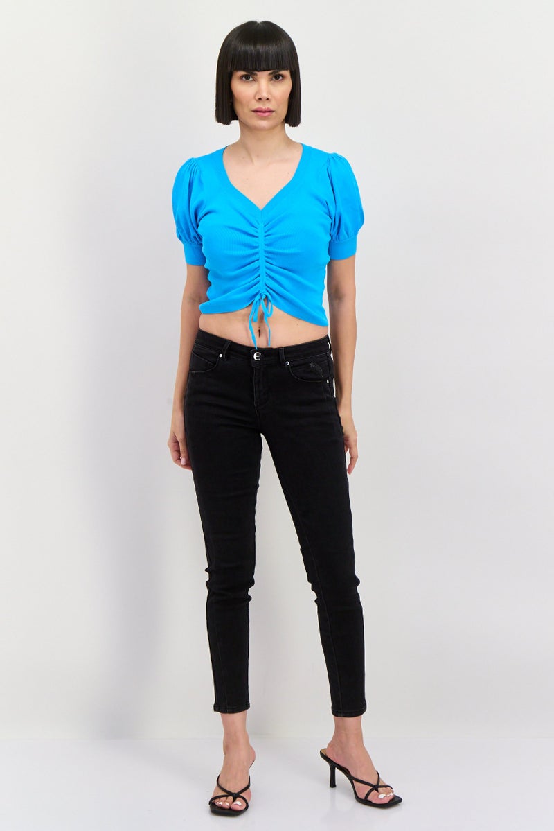 ONLY بلوزات محبوكة قصيرة الأكمام على شكل V للنساء، زرقاء - Image 4