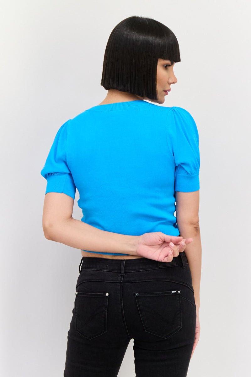 ONLY بلوزات محبوكة قصيرة الأكمام على شكل V للنساء، زرقاء - Image 3