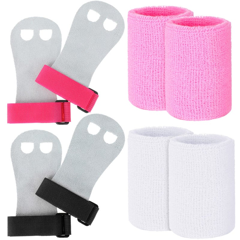 Vinsot 2 Gymnastics Grips Wristbands Sets for Kids Youth, Palm Protection and Wrist Support Sports Accessories for Workout Exercise (Pink, Black, White) - Image 1