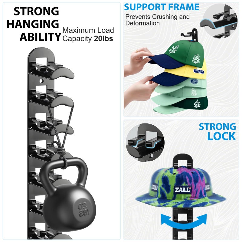 Yonsya 2 Pack Hat Hook Organizer for Baseball Caps, Hat Hanger Holder for 20 Caps, Wall Hat Rack with Strong Adhesive, Multilayer Cap Storage Hooks for Closet Door and Bedroom (Style B-Black) - Image 3