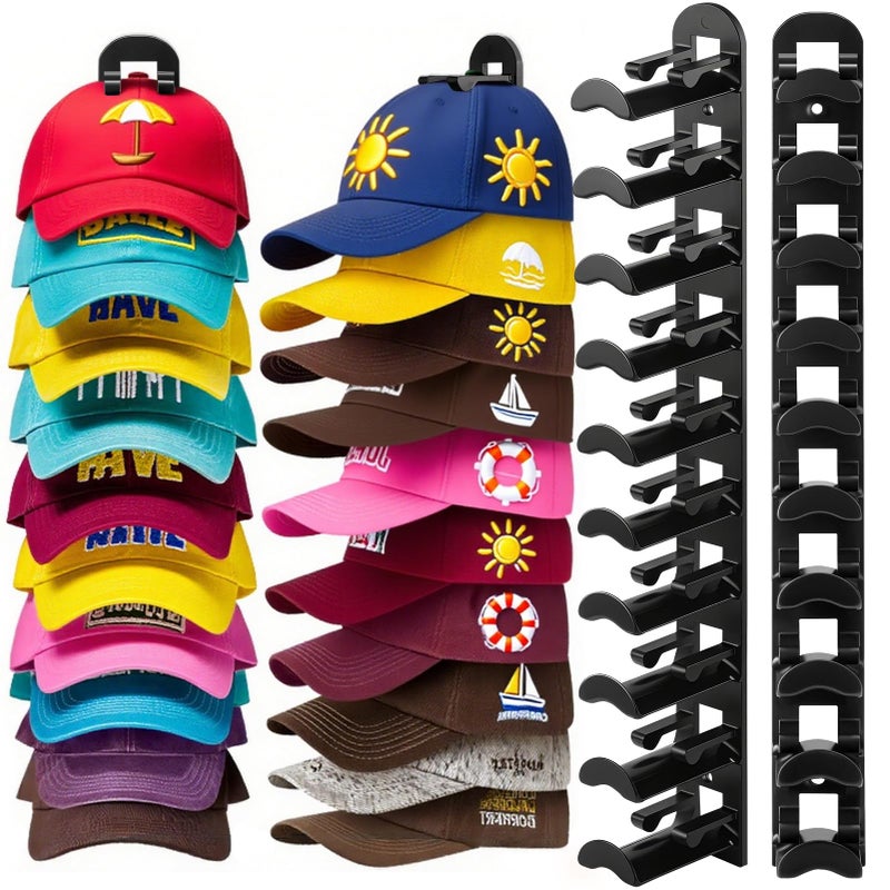 Yonsya 2 Pack Hat Hook Organizer for Baseball Caps, Hat Hanger Holder for 20 Caps, Wall Hat Rack with Strong Adhesive, Multilayer Cap Storage Hooks for Closet Door and Bedroom (Style B-Black) - Image 1