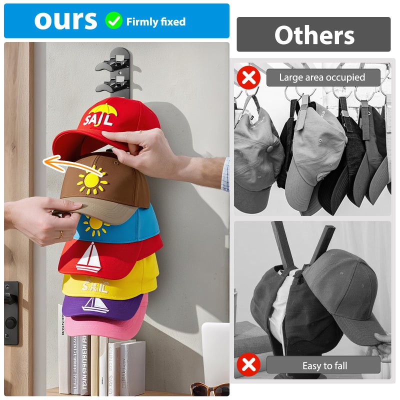 Yonsya 2 Pack Hat Hook Organizer for Baseball Caps, Hat Hanger Holder for 20 Caps, Wall Hat Rack with Strong Adhesive, Multilayer Cap Storage Hooks for Closet Door and Bedroom (Style B-Black) - Image 5
