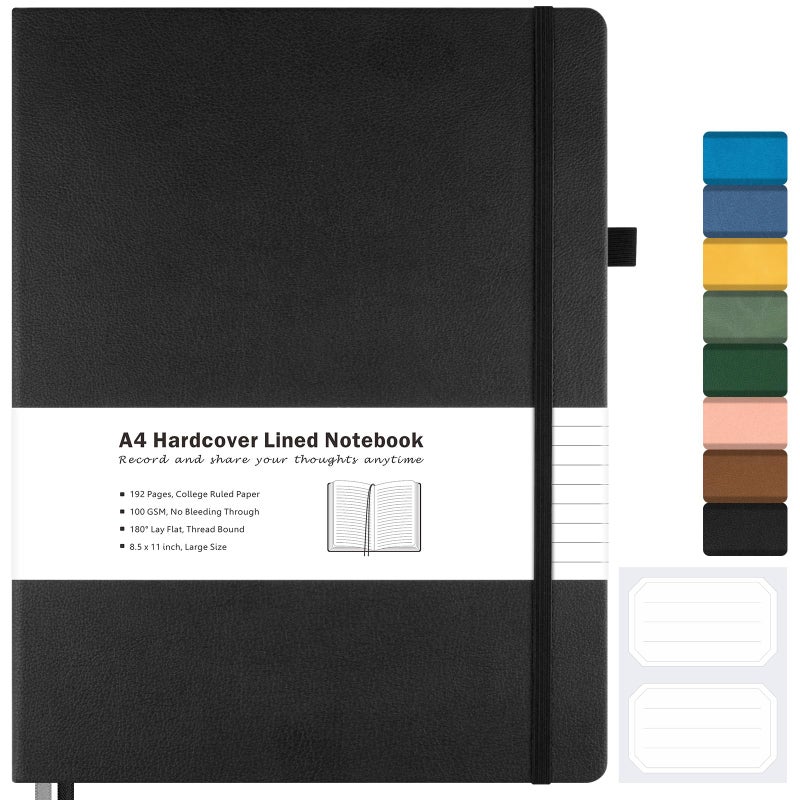 MaleDen College Ruled Notebook, A4 Hardcover Leather Notebook for Work, Lined Notebook Journal for Women, Men, 192 Thick Paper, Lay Flat, Large Notebook with 2 Pockets, Professional Business Notebook, Black - Image 1