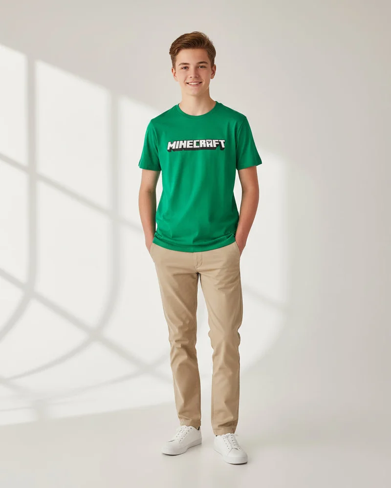 REDTAG Senior Boys Green Minecraft Graphic T-Shirt