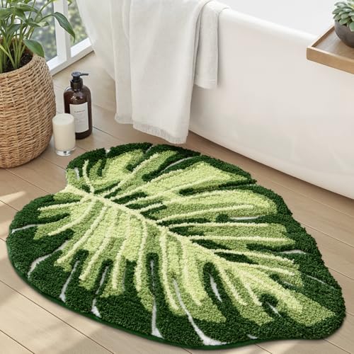 LUMI Cute Bathroom Rugs with Green Leaf Plant, Soft, Fluffy, Plush, Absorbent, Quick Dry, Non Slip, Machine Washable for Shower Floor, Bathroom, Bedroom,Kids Room, 23.5"x31.5", Monstera - Image 1