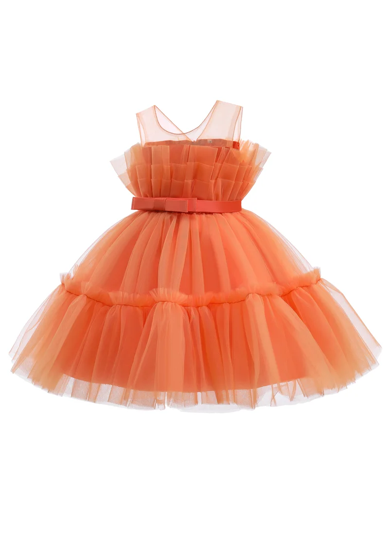 D'Daniela Toddler Girls Bow Front Ruffle Hem Mesh Gown Dress Orange