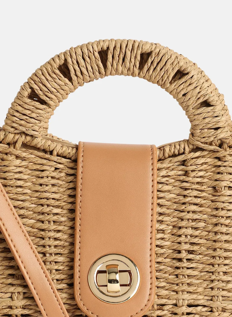 Haute Sauce Solid Interlock Regular Jute Hand Bag For Women