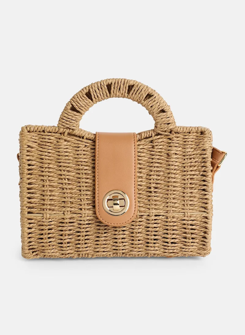 Haute Sauce Solid Interlock Regular Jute Hand Bag For Women