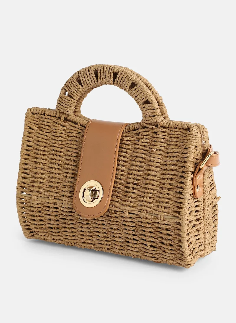 Haute Sauce Solid Interlock Regular Jute Hand Bag For Women