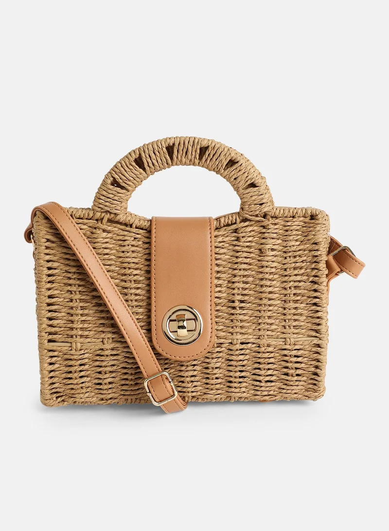 Haute Sauce Solid Interlock Regular Jute Hand Bag For Women