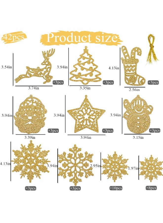 تشيلور زينة شجرة عيد الميلاد، زينة ندفة ثلج لامعة، 42 قطعة ذهبية لامعة، جوارب، رنة، بابا نويل، رجل ثلج، زينة معلقة بأحجام متنوعة، مثالية لزينة عيد الميلاد الشتوية والداخلية. - Image 2