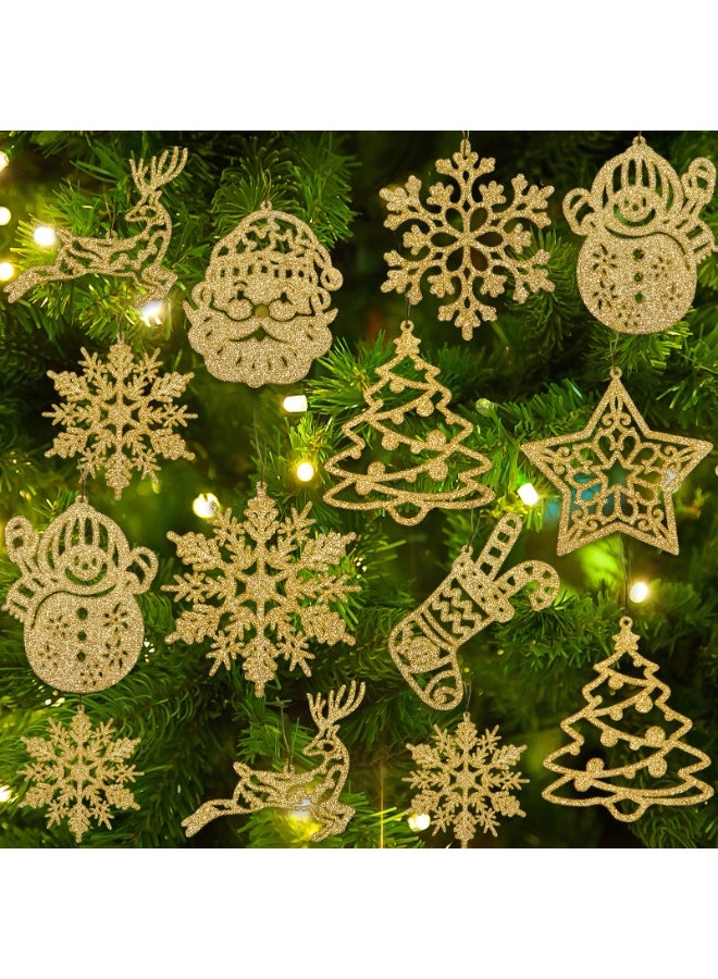 تشيلور زينة شجرة عيد الميلاد، زينة ندفة ثلج لامعة، 42 قطعة ذهبية لامعة، جوارب، رنة، بابا نويل، رجل ثلج، زينة معلقة بأحجام متنوعة، مثالية لزينة عيد الميلاد الشتوية والداخلية. - Image 1