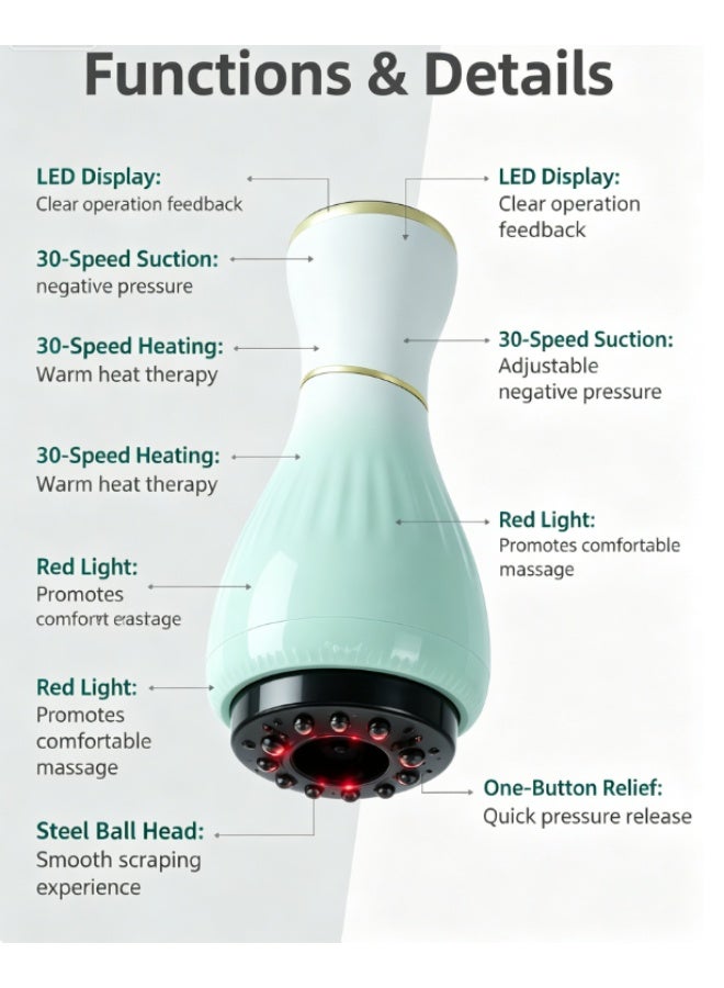 Rechargeable Gua Sha Cupping Massager with Red Light Heating, 30 Levels Vacuum & Heat Steel Ball Massage Device - Image 2
